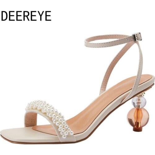 Fashion String Bead Strange Medium High-Heeled Sandals Women Ankle Slingback Cross Square Toe Shoes For Party Dress 2021 Summer