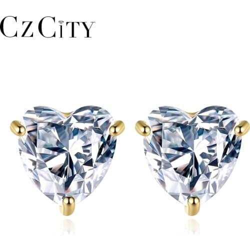 CZCITY Cute Korean Earring Heart Bling CZ Stud Earrings for Women Fine Jewelry Wedding Engagement 925 Sterling Silver Love Gift