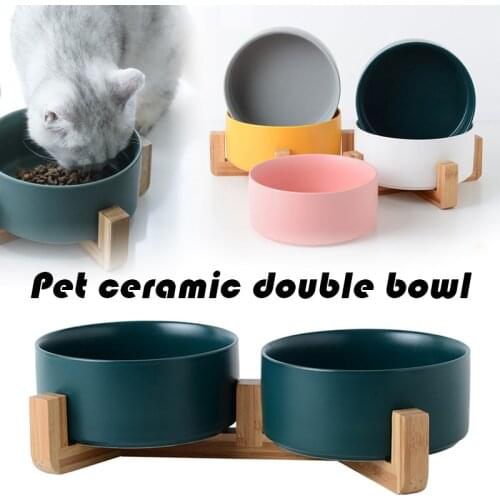 Ceramic Pet Double Bowl with Non-Slip Stable Bamboo Wood Stand Universal Pet Supplies for Cat Dog _WK