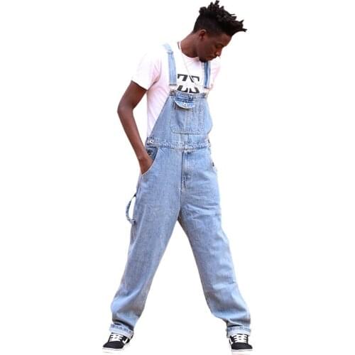Mens Denim Overalls Large Size Strap Straight Pants Light Blue Jeans Loose Work Clothes Light Blue Jeans