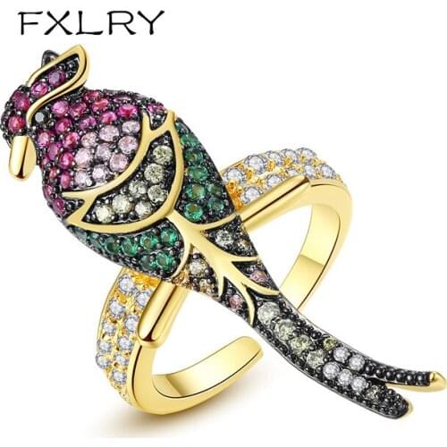 FXLRY New Design Personality Jewelry Multicolor Color Cubic Zircon Seven Color Birds Open End Finger Rings For Girl To Gift