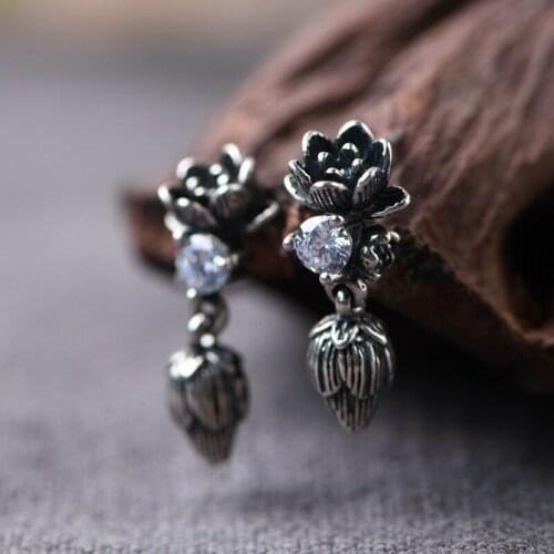 FNJ Lotus Flower Earrings 925 Silver 100% Pure Original S925 Silver Sterling Drop Earring for Women Jewelry Black White Zircon