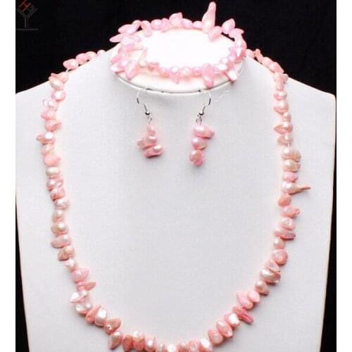 Women Jewelry Set 8-15mm Bright Pink Baroque Pearl necklace bracelet dangle hook earring Natural Freshwater pearl