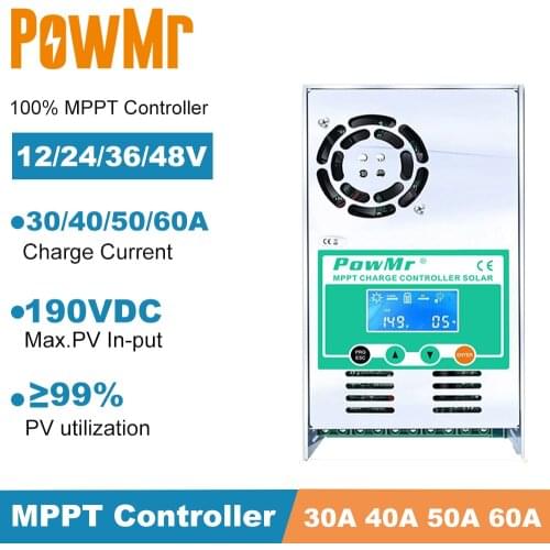 PowMr MPPT Solar Charge Controller 60A 50A 40A 30A Backlight LCD 12V 24V 36V 48V Solar Regulator for Max 190V Solar Panel Input