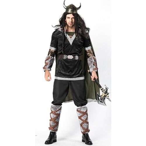 Adult Men Halloween Viking Warrior Costumes Fancy Barbarian Medieval Cosplay Clothing Helmet Set For Men Cow Devil Costume