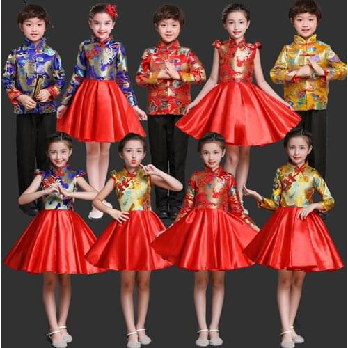 Chinese style Chorus costumes Chinese guzheng performance clothing Host Children cheongsam princess dress girls dress Puff skirt
