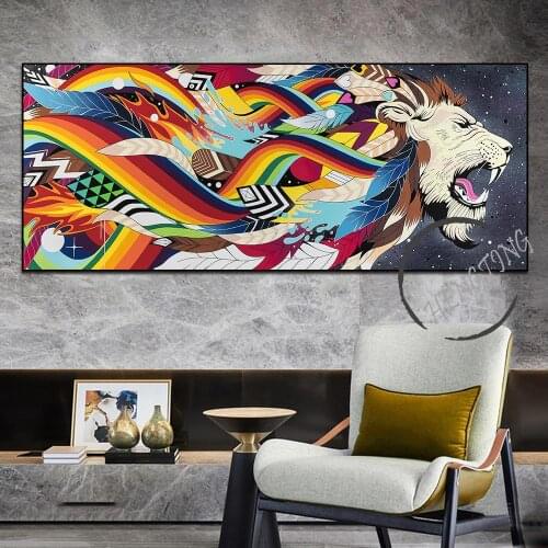 Colorful Feather With Dignity A Lion HD Animal Cool Print Poster Oil Canvas Painting For Living Room WallArt Pictures Home Decor
