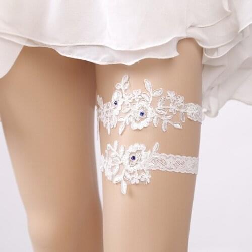 Lace Embroidery Floral Blue Rhinestone Sexy Wedding Garters 2pcs set for Women Bride Accessory Thigh Ring Bridal Leg Garter 5469