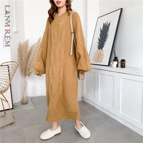 LANMREM elastic woolen mohair blended knitted sweater dresses womens pullover long thick loose autumn winter clothes 2020 YJ737