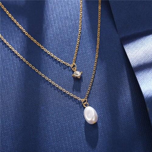 Minimalism Pearl Crystal Necklace for Women Gold Color Circle Metal Pendant Double Layer Charm Chain Necklace Party Jewelry