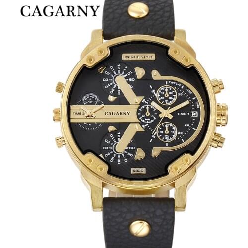 Cagarny Mens Watches Men Fashion Quartz Wristwatches Cool Big Watch Leather Bracelet 2 Times Military Relogio Masculino D6820