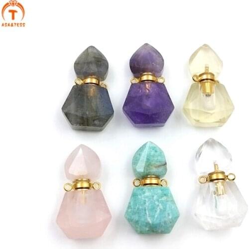 Natural Gems Urn Stone Perfume bottle Pendant Crystal Quartz Vial Small Hexagon Charms For Women Necklace Jewelry DIY Making