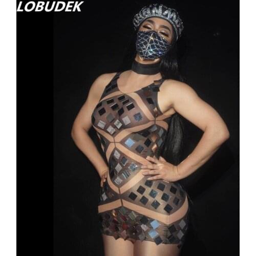 Nightclub Bar DJ Singer Dancer Stage Wear Sexy Transparent Mesh Sequins Sleeveless Mini Dress Party Show Performance Clothes