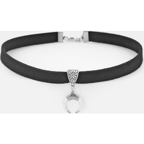 1pcs Black Flat Faux Suede Cord Ox Horn Shape Charms Pendants Choker Necklace Jewelry 13 inches +2 inch extend