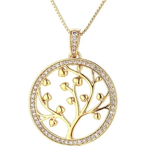 Yellow Gold Color Pave Zircon Tree of Life Round Pendant Necklace for Women
