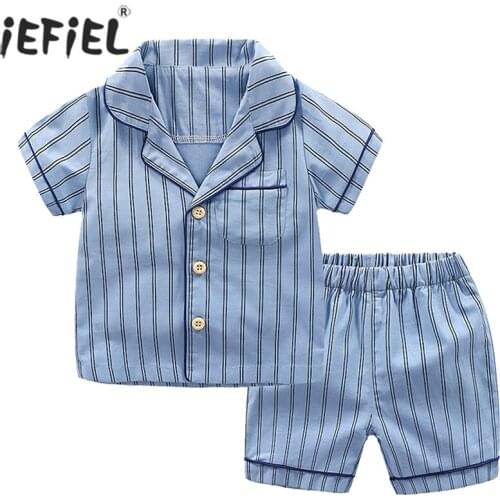 Boys Girls Short Sleeve Pajamas Set Cotton Lapel Collar Striped Summer Cute Toddler Pajama Kids Sleepwear Children Clothes Pjs