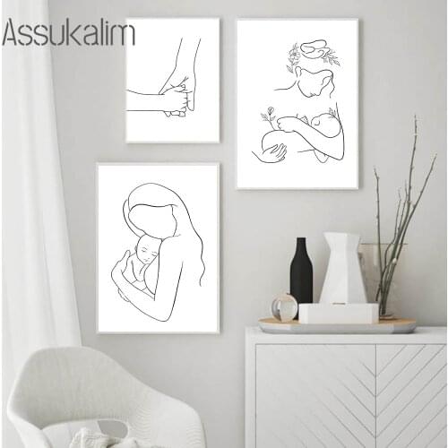 Mother And Baby Wall Art Posters Line Drawing Poster Abstract Minimalist Canvas Painting Mom Print Nursery Decorative Pictures