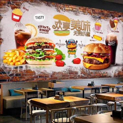 Custom 3D wallpaper mural hand painted brick wall delicious burger fast food restaurant background wall decoration wallpaper