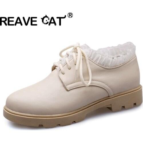 REAVE CAT 2021 Sweet Ladies Flats College Style Ribbons Lace Up Round Toe Platforms 3CM Chunky Heel US12 Black Beige Pink A4400
