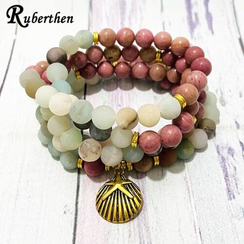 Ruberthen Matte Amazonite 108 Mala Yoga Bracelet Natural Rhodonite Meditation Bead Bracelet Handmade Energy Protection Jewelry