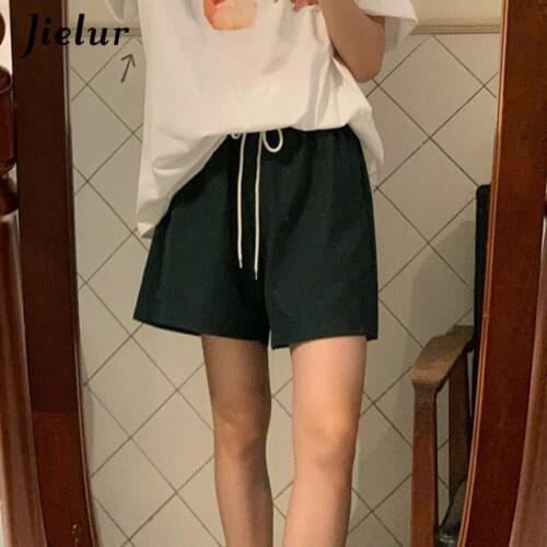 Jielur Elastic Waist Loose Wide Leg Sports Shorts Women Black Apricot Drawstring Short Female Solid Color Womens Shorts M-L NEW