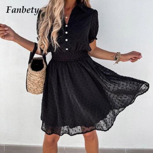Women Black Sexy Dot Print V Neck Mini Dress 2021 Summer New Elegant Gauze Party Dress Fashion Solid Button Elastic Waist Dress
