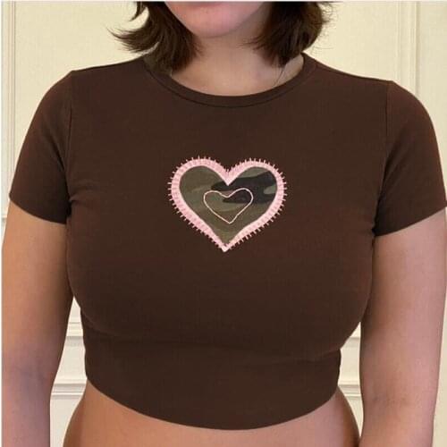 Womens Heart Pattern Crop Tops Short Sleeve Round Neck Slimming Vest Tops for Summer Wear