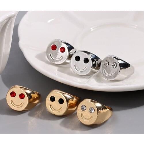 Punk Crystal Happy Smiley Face Metal Chunky Ring For Women Flower Geometric Gold Silver Color Rings Hip Hop Vintage Jewelry Gift