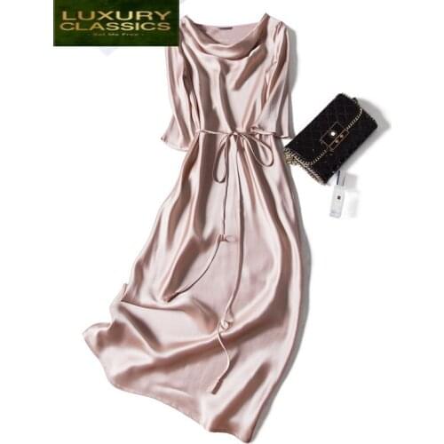 Women Dress Real Silk Slim Mid Summer Dress Elegant Spring Clothes 2021 Vintage Belt Party Dresses Vestidos Verano 1169