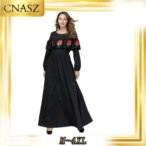 Abaya Turkish Simple Fashion Vetement Femme 2019 Embroidered Ruffled Long Sleeves Musulman Robe Elastic Wrist Loose Autumn Dress