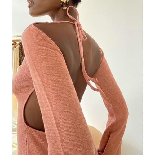 Womens Mini Dress Halter V Neck Backless Knit Flare Sleeve Clothing Birthday Elegant Skinny 2021 Fall Dresses