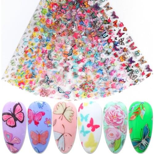10pcs Butterfly Foils Stickers On Nails Colorful Flower Leaf Sliders For Nail Art Decoration Polish Foils Transfer Rolls SAXK102