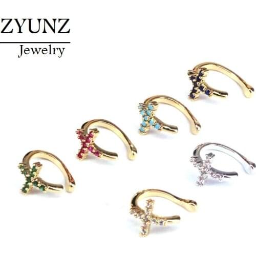 6 Pairs, No Pierced Stackable Crystal Cross Shaped Circle Earcuffs Zirconia Clip On Earrings Ear Cuff Party Wedding Jewelry