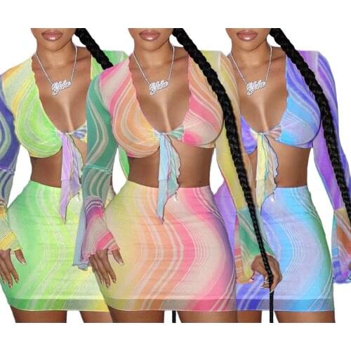 Adogirl Sexy 2021 Summer Two Piece Set Women Colourful Flare Sleeve V Neck Crop Top And Skirt Set Women Club Party Matching Sets