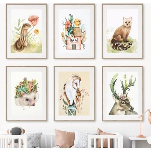 Watercolor Cartoon Animal Fox Squirrel Kid Wall Art Canvas Painting Posters And Prints Living Room Decor Nordic Style Decoration