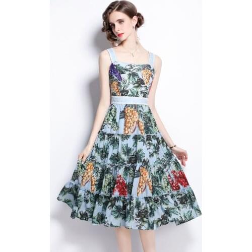 Banulin Summer Bohemian Tropical Fruit Print Midi Dress Womens Spaghetti Strap Lace Stitching Backless Runway Dress k7052