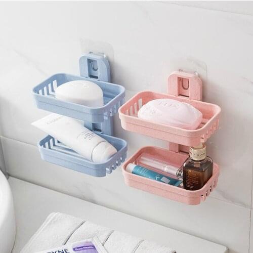 Bathroom Suction Cup Soap Dishes Plastic Holders Wall-mounted Double-deck Creative Drainage Soap Storage Double Racks