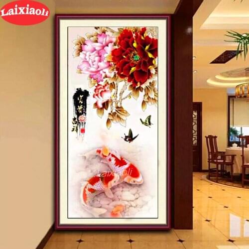 DIY Diamond Embroidery,Round Diamond peony flower fish butterfly Full rhinestone Diamond painting cross stitch,needlework decor