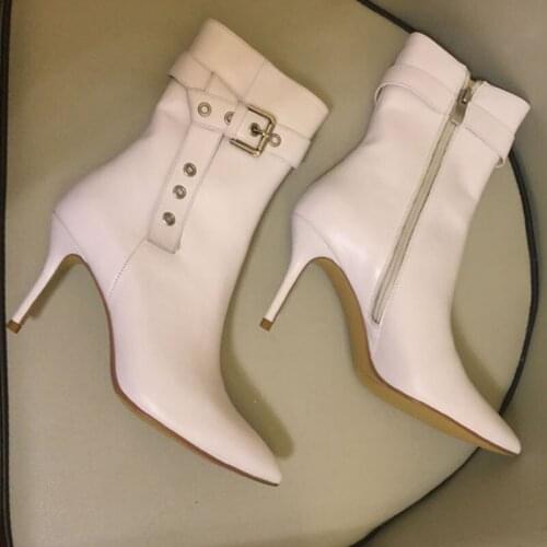 Elegant Sheepskin Leather Buckle Belt Ankle Boots Real Leather Pointed Toe Spring Female Gladiator High Heels Short Boots