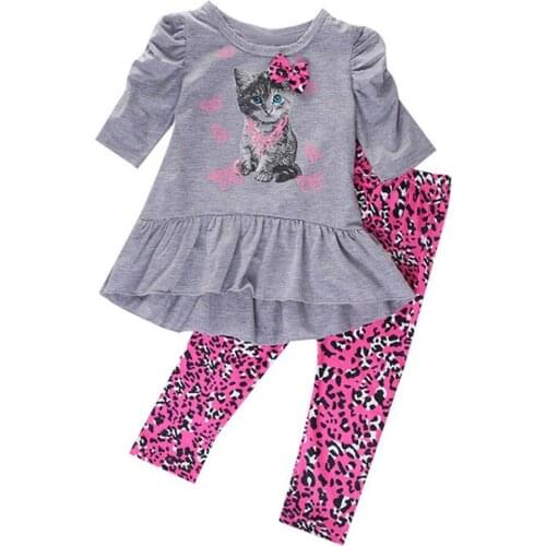 2Pcs Kid Girl Autumn Puff Sleeve Kitten Pattern T-shirt Tops Dress Leopard Pant