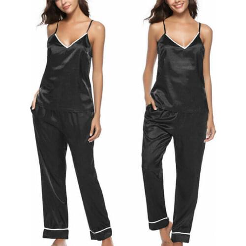 2PCS Women Silk Satin Solid Color Soft Sleeveless V-Neck Camisole+Pants Pajamas Set Sleepwear Nightwear 2020 Newest Trendy