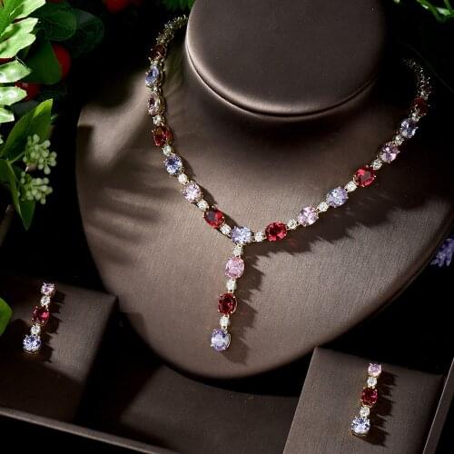 HIBRIDE Elegant Crystal Dubai Jewelry Sets Micro Cubic Zircon Pave Necklace and Earring Set Wedding Dress Accessories N-1291