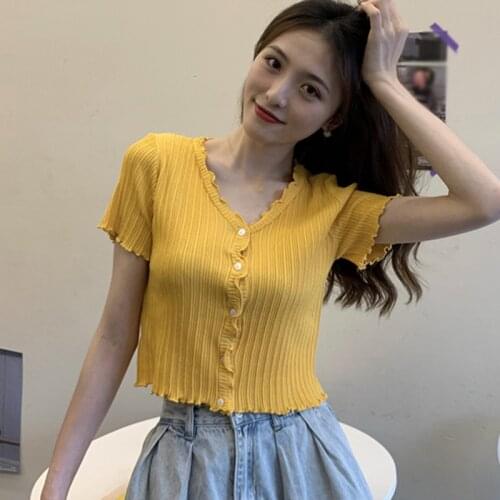 Summer Womens T-Shirt V-Neck Button Korean Style Slim Fit Sweet Ladies Knitted Short-Sleeved Tee Shirt
