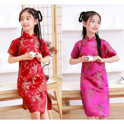 Lovely Girls Silky Satin cheongsam Dress Cute Princess Girls Dresses Kids Party Ball Gown Dress New Year Clothing