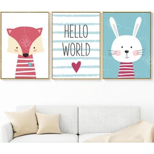 Cute Fox Rabbit Cartoon Hello Nordic Poster Nursery Cuadros Nordic Style Kids Decoration Wall Pictures For Living Room Unframed