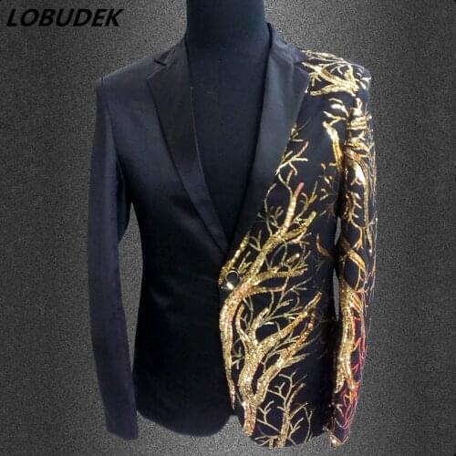 Male Black Red Shining Sequins Formal Blazers Jacket Nightclub Men Singer Chorus Host Stage Outfit Prom Party Wedding MC Costume