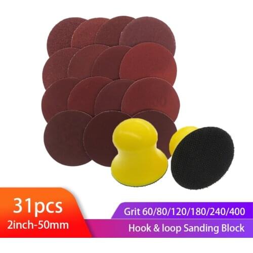 2inch Sanding Disc Set 50mm Hook and Loop SandPaper 60-400 Grit with Hand Sanding Block for Polishing Wood