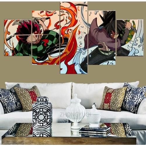 Wall Art Home Decor Painting 5 Panels HD Japan Anime Boy Picture Tomioka Giyuu Demon Slayer Kamado Tanjirou Poster Animation