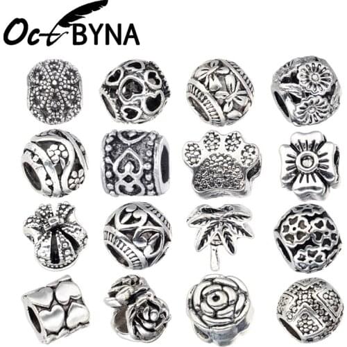Octbyna Retro Silver Color Color Heart Beads Charm Fits Pandora Bracelet & Necklace Plant flowers Jewelry DIY Accessories Making