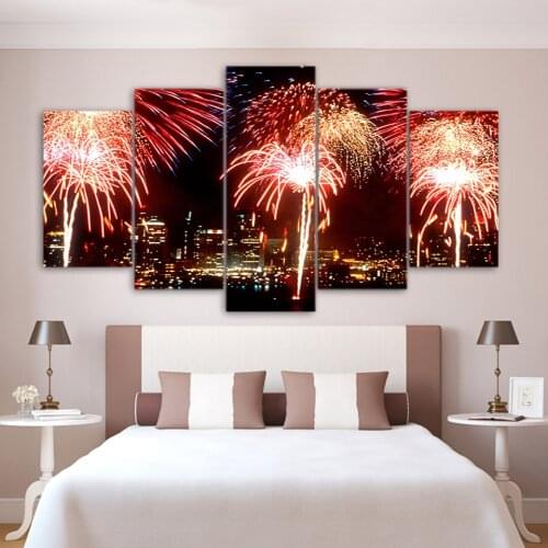 HD Printed Canvas Poster 5 Pieces Beautiful Firework City Night Scene Pictures Painting Modern Home Wall Art Decor Frame Artwork
